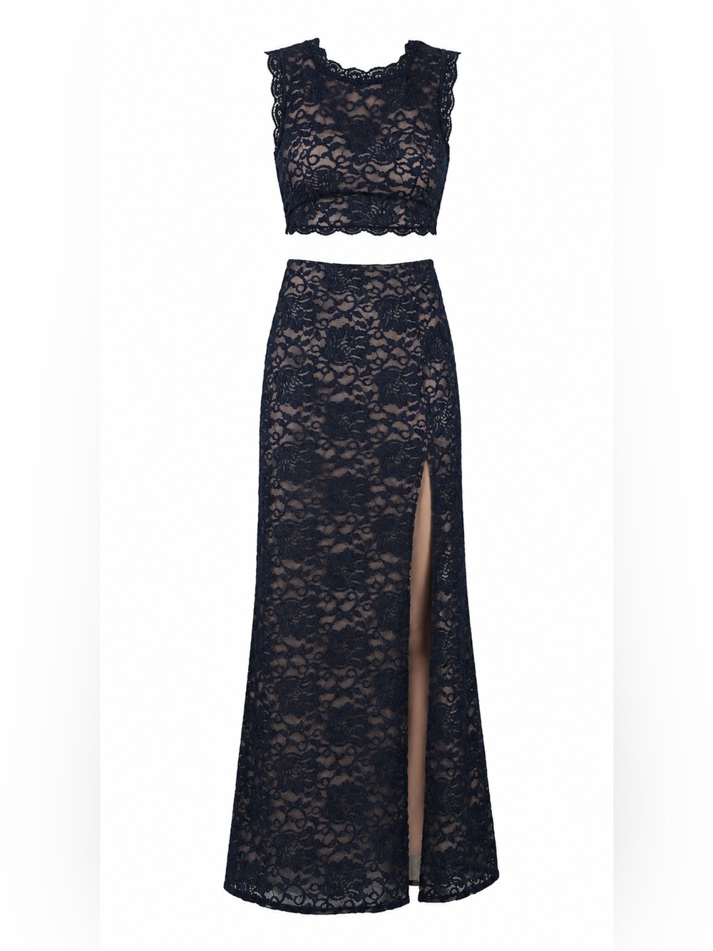 Sequin Hearts Navy Blue Lace Two-Piece Prom Dress